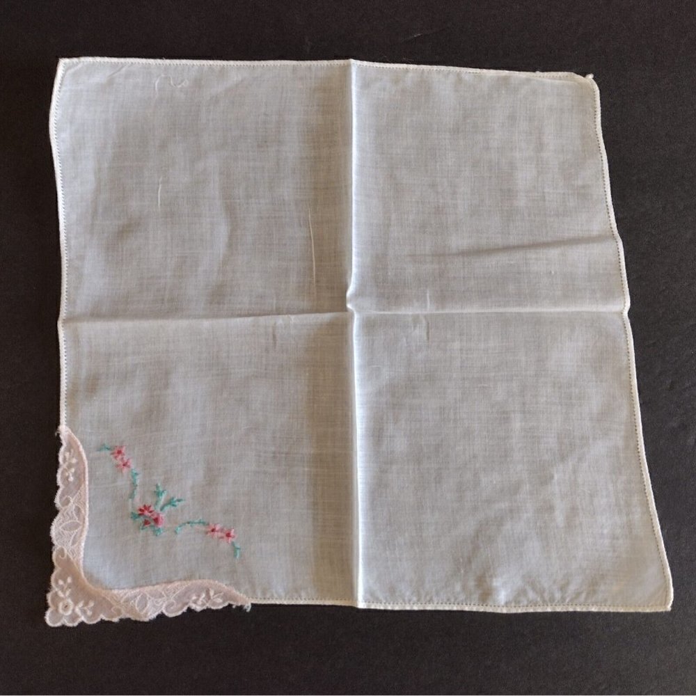 Vintage Hankie Hankerchief Cotton Embroidered Pink Green Floral Lace Corner